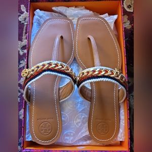 TORY BURCH MINI BENTON CHAIN BAND SANDAL CALF LEATHER/ WEBBING 8.5